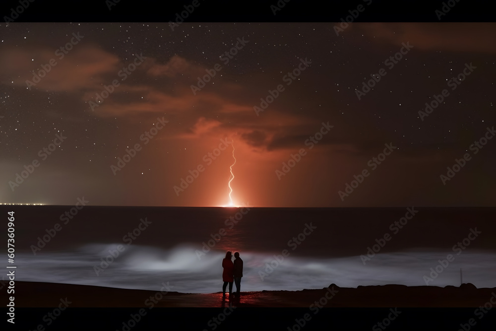 Romantic Night Under the Stars and moon Couple Shares an Intimate Kiss ...