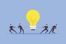 Two Competing Groups Of Business People In A Tug Of War Over A New Idea 2d Vector Illustration Concept For Banner, Website, Illustration, Landing Page, Flyer, Etc.