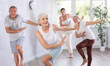 © JackF - Group of happy mature sports women and man in activewear exercising dynamic dancing movemens in modern gym studio