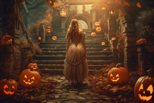 Magical Fantasy Halloween. Girl Dressed As Fairy-tale Character Climbs Staircase Decorated With Pumpkins And Otherworldly Elements To Create Captivating Scene. Generative AI Content