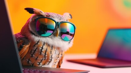 Cool owl working on laptop
