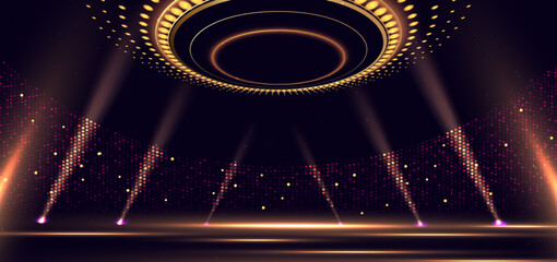 Wall Mural - elegant golden stage horizontal glowing with lighting effect sparkle on dark background. template pr