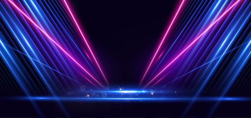 Wall Mural - abstract elegant dark blue background with blue and pink neon line and lighting effect sparkle. luxu