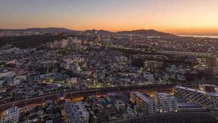 Sticker - Drone timelapse of a city with river at sunrise