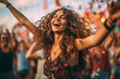 A fictional person, Beautiful young woman with long hair having fun at music festival with her hands up dancing . Generative AI