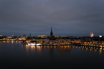 Poster - Aerial cityscape of Riddarholmen Islet in Stockholm at night