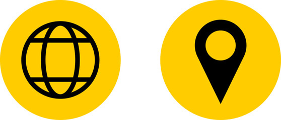 Poster - Set of Black and Yellow World Globe Earth Web Map and Location Pointer Pin or You Are Here Marker Sign Icon. Vector Image.