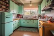 lofie kitchen, with retro cabinets and appliances, and vintage tea towels, created with generative ai