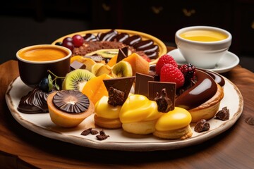 Wall Mural - platter of pastries, drenched in warm custard and topped with fruit and chocolate, created with generative ai