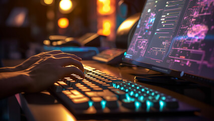 Close-up of a programmer's hands typing code on a backlit keyboard, multiple monitors with complex algorithms in the background