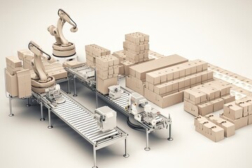 Canvas Print - packaging and sorting robot with multiple arms, each one grabbing and placing products into boxes, created with generative ai