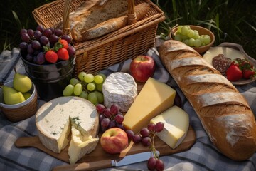 Canvas Print - a picnic basket filled with cheeses, breads, and fruit, created with generative ai