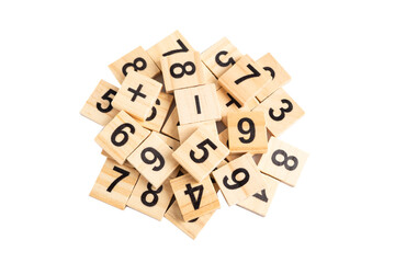 Math number wooden on white background, education study mathematics learning teach concept.