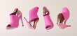 © dinastya - Flying fashionable pink women's stiletto heels boots isolated on beige background. Trendy shoes float. Horizontal banner. Creative minimal fashion shoes background. 3d render illustration.