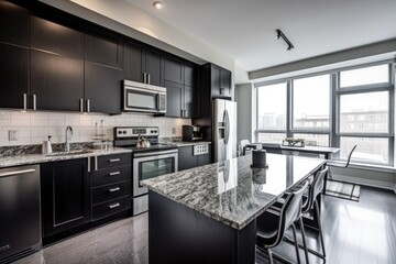 Wall Mural - modern kitchen, with sleek black appliances and accents of stainless steel and granite, created with generative ai