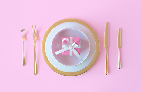 A view from above of a white plate with a gold border and gold fork and knife. A plate with pink present box isolated on pink background. Food as a gift promotion creative. 3d render illustration