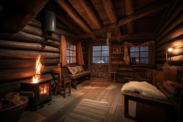 Wall Mural - cozy cabin with roaring fireplace and stack of firewood on a cold winter night, created with generative ai