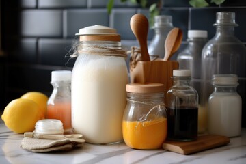 Poster - stack of homemade cleaning products in glass jar, created with generative ai