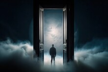 Human Soul Says Goodbye To Earthly Life And Rises To Heaven. A Man Stands In Front Of An Open Door In The Clouds, The Concept Of Dreams And Doors To Heaven, Generative AI.