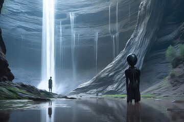 Wall Mural - alien, gazing at towering waterfall, with its reflection visible on the rocks, created with generati