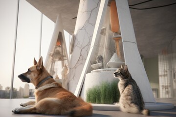 Sticker - dog and cat architects working together to design high-rise buildings with futuristic designs, created with generative ai