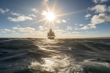 Poster - sailing vessel making its way across the sea, with waves and sun shining upon it, created with generative ai