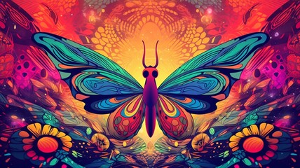 Psychedelic trippy butterfly cartoon 70s, rave style, acid color. Retrowave concept. Ai Generative