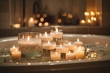 Relaxing Bubble Bath Scene With Candles And Music Playing In The Background, Created With Generative Ai