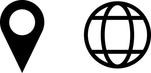 Poster - Set of Black World Globe Earth Web Map and Location Pointer Pin or You Are Here Marker Sign Icon. Vector Image.