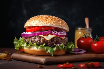 Canvas Print - classic burger served with thinly sliced pickles, fresh tomato slice and red onion, created with generative ai