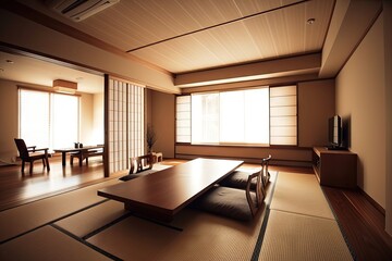 Canvas Print - modern japanese style interior with minimalist and functional design, featuring sleek furniture, created with generative ai