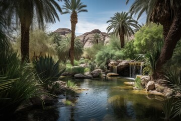 Wall Mural - desert oasis with waterfall and lush greenery in the background, created with generative ai