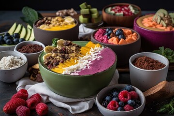 Sticker - stacked smoothie bowl with variety of toppings, created with generative ai