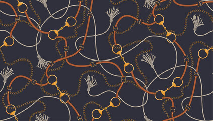 gold chain , leather belt,  Passementerie seamless pattern ,metallic rope,  luxury accessories , silk scarves , repeate pattern . Baroque vintage design , old school  fashion navy brown