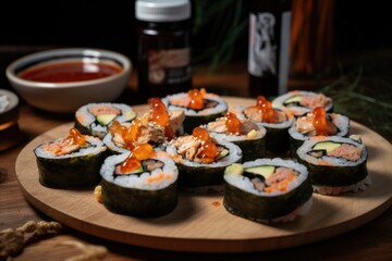 Wall Mural - japanese sushi roll with a korean twist, featuring kimchi and hot sauce, created with generative ai