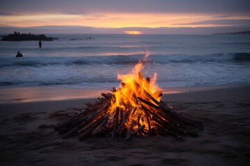 Poster - bonfire on the beach, with waves crashing in the background, created with generative ai