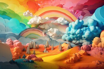 Wall Mural - abstract and surreal landscape with rolling clouds, rainbows, and shooting stars, created with gener