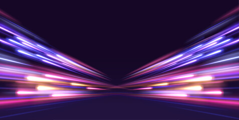 Poster - Image of speed motion on the road. Abstract background in blue and purple neon glow colors. Speed of light in galaxy. Panoramic high speed technology concept, light abstract background. Vector.