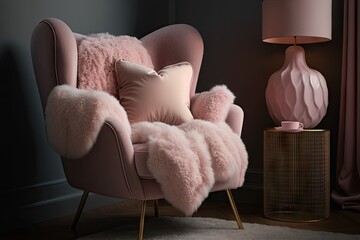 Canvas Print - a pink armchair in a bedroom, with a plush throw and fluffy pillows, created with generative ai