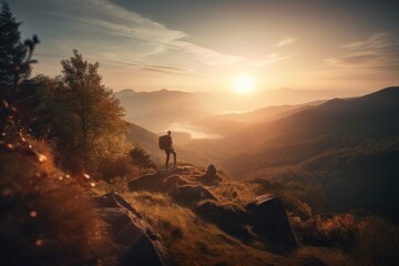 Canvas Print - scenic hike through mountains, with a view of the sunrise, created with generative ai