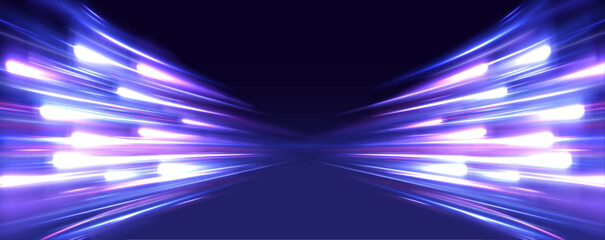 Poster - Image of speed motion on the road. Abstract background in blue and purple neon glow colors. Speed of light in galaxy. Panoramic high speed technology concept, light abstract background. Vector.