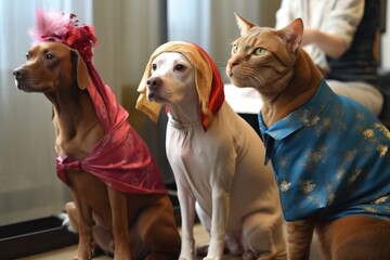 Poster - feline and canine models showing off their latest fashions on the catwalk, created with generative ai