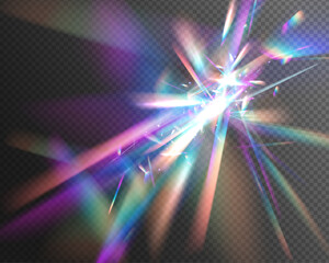 Wall Mural - Abstract refraction glow effect on black background. Set Rainbow crystal light leak flare reflection effect. Transparent refraction elements.	