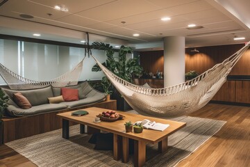 Poster - a lounge area with plush seating, a hammock, and a built-in beverage cooler, created with generative ai