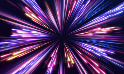 Leinwandbilder - Radial color spirals. Vector blue glowing lines air flow effect. Speed connection vector background. Database fast data transfer acceleration. Lines in the shape of a comet against a dark background. 