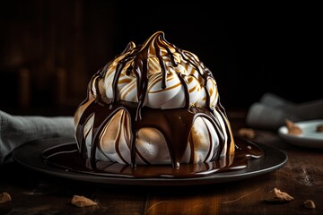 Sticker - chocolate meringue covered in chocolate ganache, drizzled with caramel sauce, created with generative ai