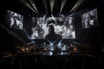 Wall Mural - concert venue with images of past performers projected onto the stage and crowd, created with generative ai