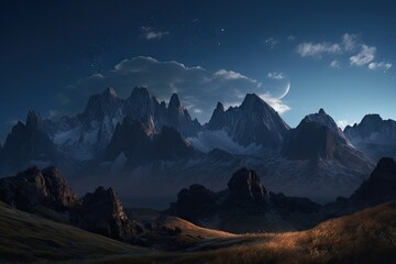 Wall Mural - majestic mountain range, with moon and stars casting their light on the peaks, created with generati