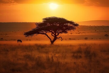 safari sunset landscape tree in silhouette, stunning scenic travel landscape wallpaper, generative a