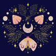 Magical pattern of butterflies night moths and twigs, crescent, stars and fairy dust on dark background. Vector symmetric celestial boho print